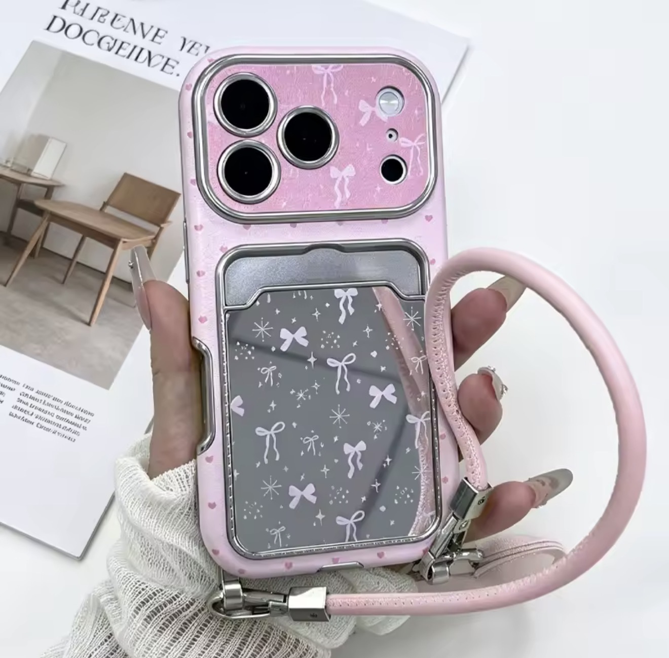 قاب چرمی آویزدار ولت آینه‌ای آیفون مدل Pink Ribbon Mirror