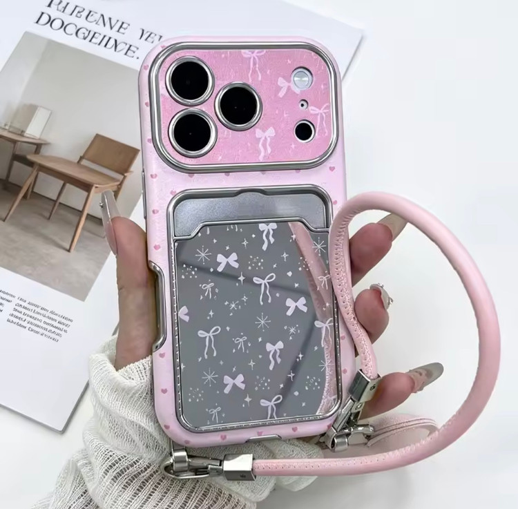 قاب چرمی آویزدار ولت آینهای آیفون مدل Pink Ribbon Mirror